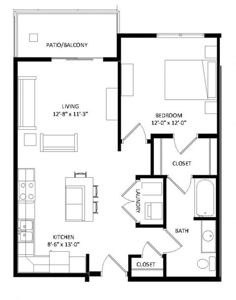 Floor plan for 1 bed, 1 bath, 759 sqft
